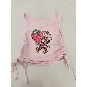 Strawberry‎ Shortcake Pink Graphic Tank Top MD/M Medium Ruched Tie Sides Cute
